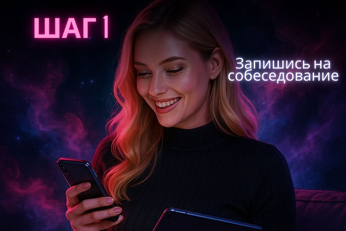 Девушка улыбается и держит в руках смартфон и планшет, записываясь на собеседование в Galaxy Agency