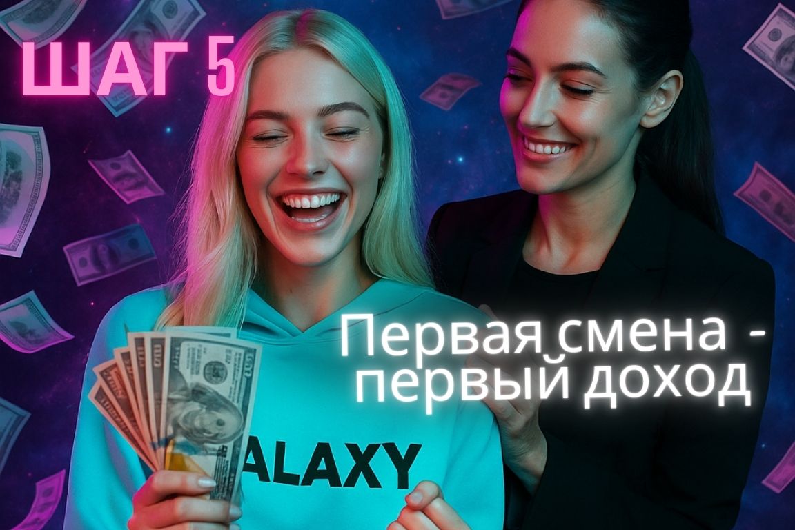 Модель в бирюзовой худи Galaxy держит доллары и улыбается после первой смены